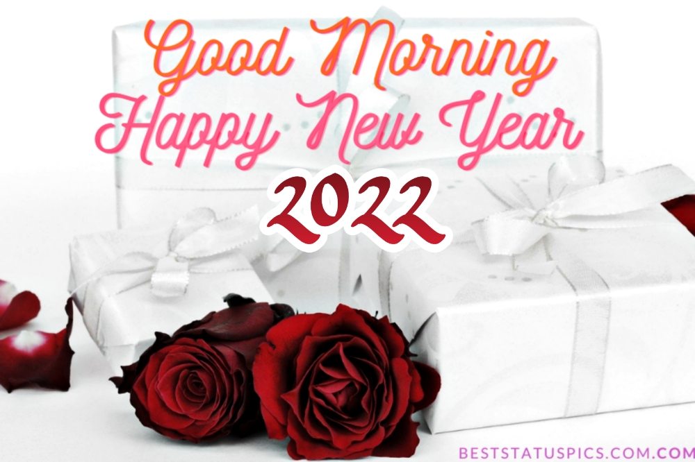 Buongiorno Felice Anno Nuovo 2022 augura foto con rosa rossa e regali