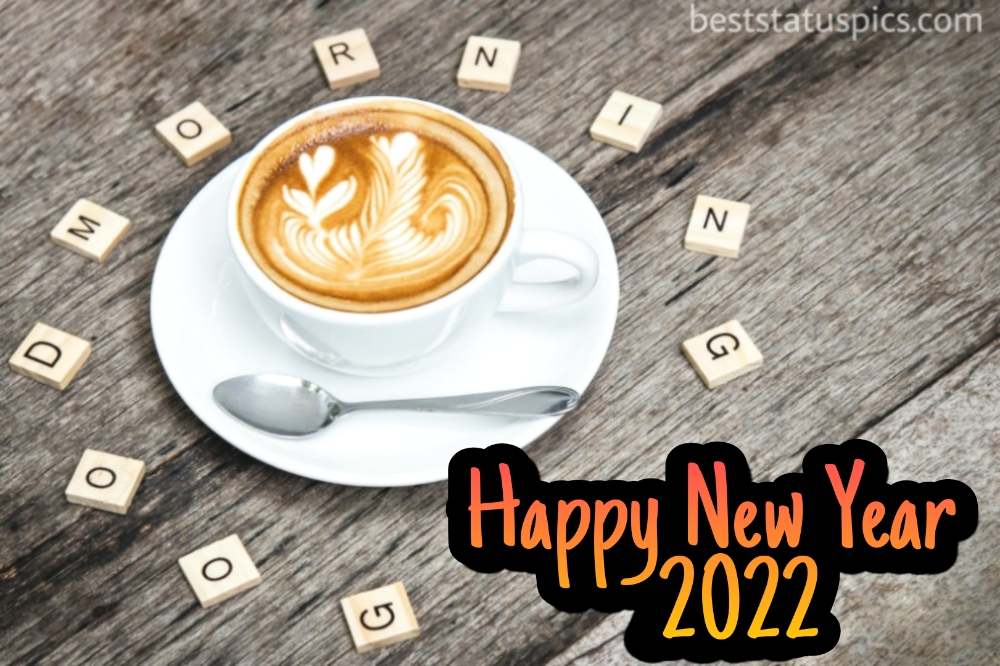 Felice anno nuovo 2022 e foto di buongiorno con una tazza di caffè