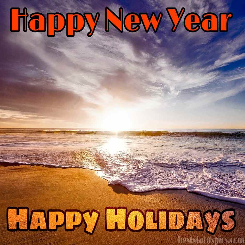 Buone vacanze e felice anno nuovo 2022 augura immagini HD con alba, spiaggia del mare e cielo