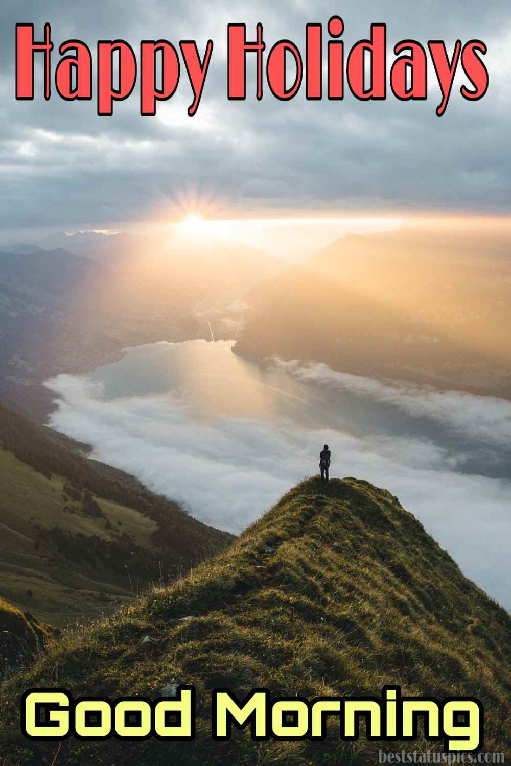 Buongiorno buone feste 2022 augura immagini HD con alba, sole e montagna per la storia di Instagram