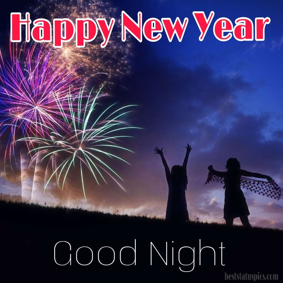 Buona notte Auguri di buon anno 2022 con fuochi d'artificio per amici e sorelle