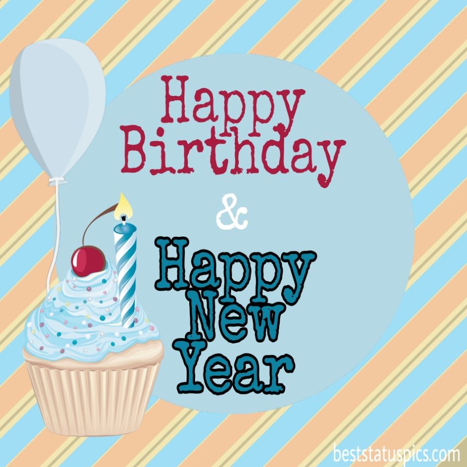 Immagini di auguri di buon compleanno e felice anno nuovo 2022 con torta, candela, ciliegia e palloncini
