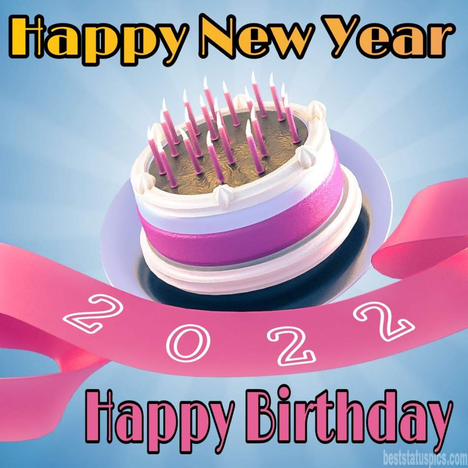 Auguri di buon compleanno e felice anno nuovo 2022 con torta e candele per amici, sorella e fratello