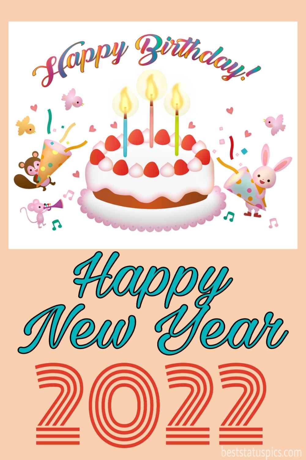 Auguri di buon compleanno e felice anno nuovo 2022 e cartoline elettroniche con torta, ciliegie e candele per amici, bambini, sorella e fratello
