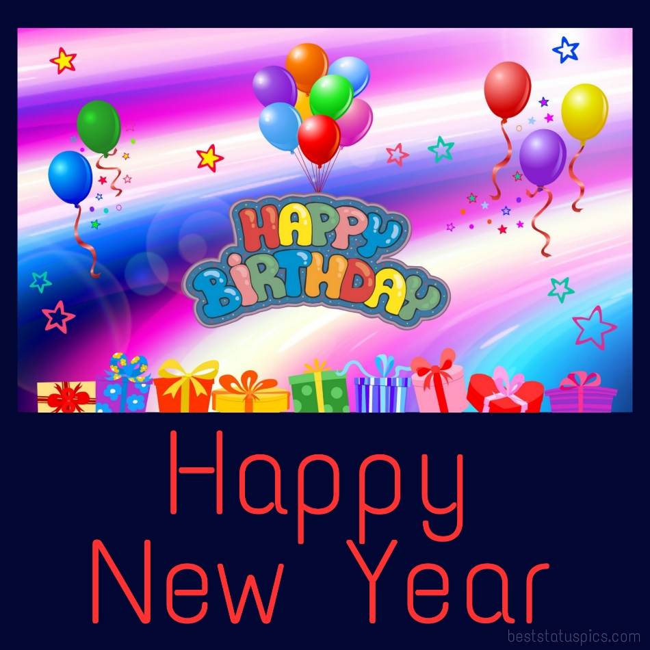 Bellissime cartoline elettroniche Happy new year 2022 e Happy Birthday con palloncini e regali per messenger sms