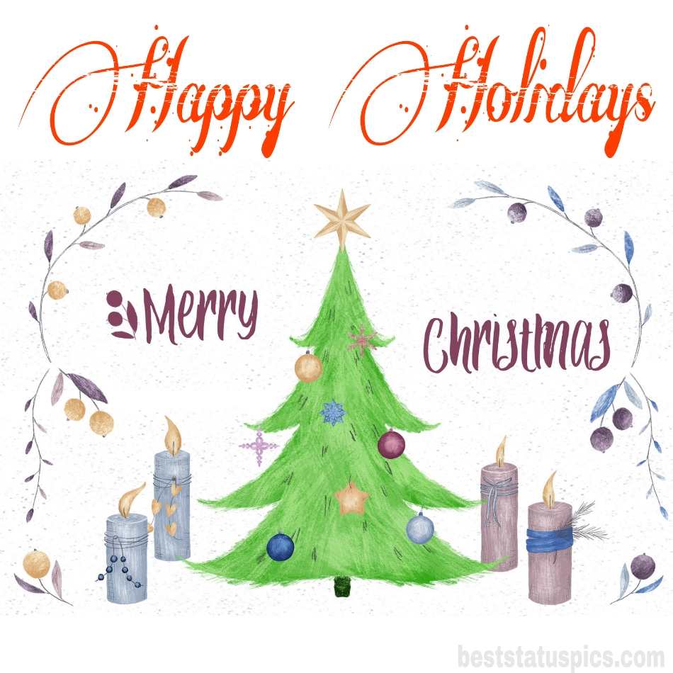 Buone vacanze Buon Natale 2022 augura immagini con albero di Natale e candela