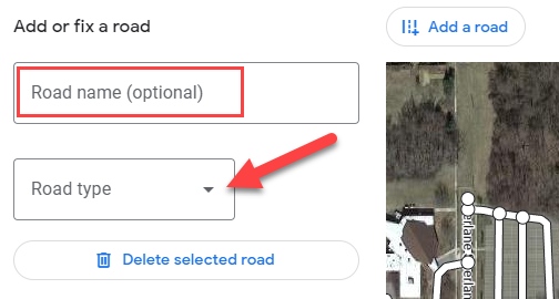 Inserisci il nome della strada mancante e seleziona il tipo di strada.