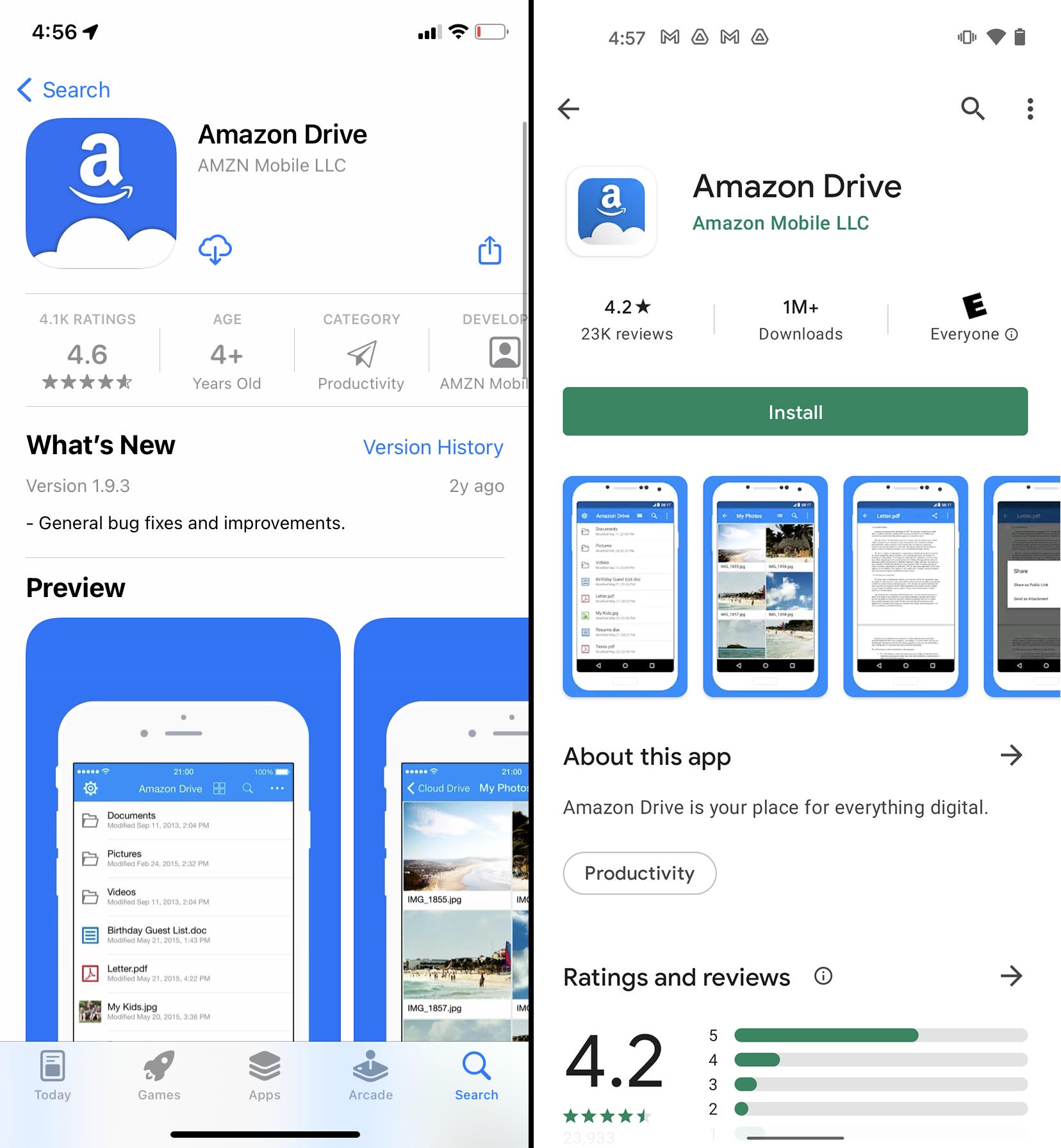 Le pagine dell'App Store e del Google Play Store per l'app Amazon Drive.