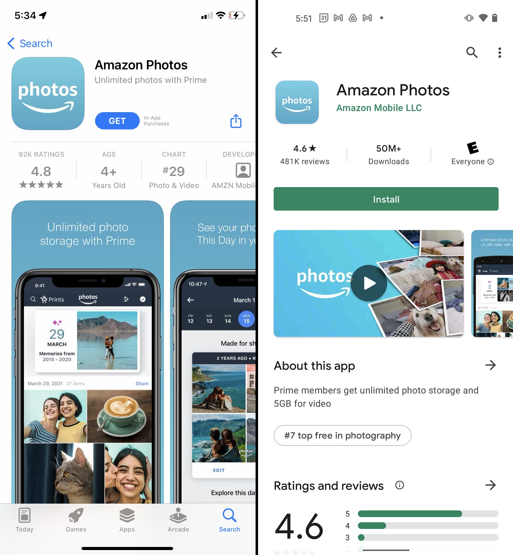 Le pagine dell'App Store e del Google Play Store per l'app Amazon Foto.