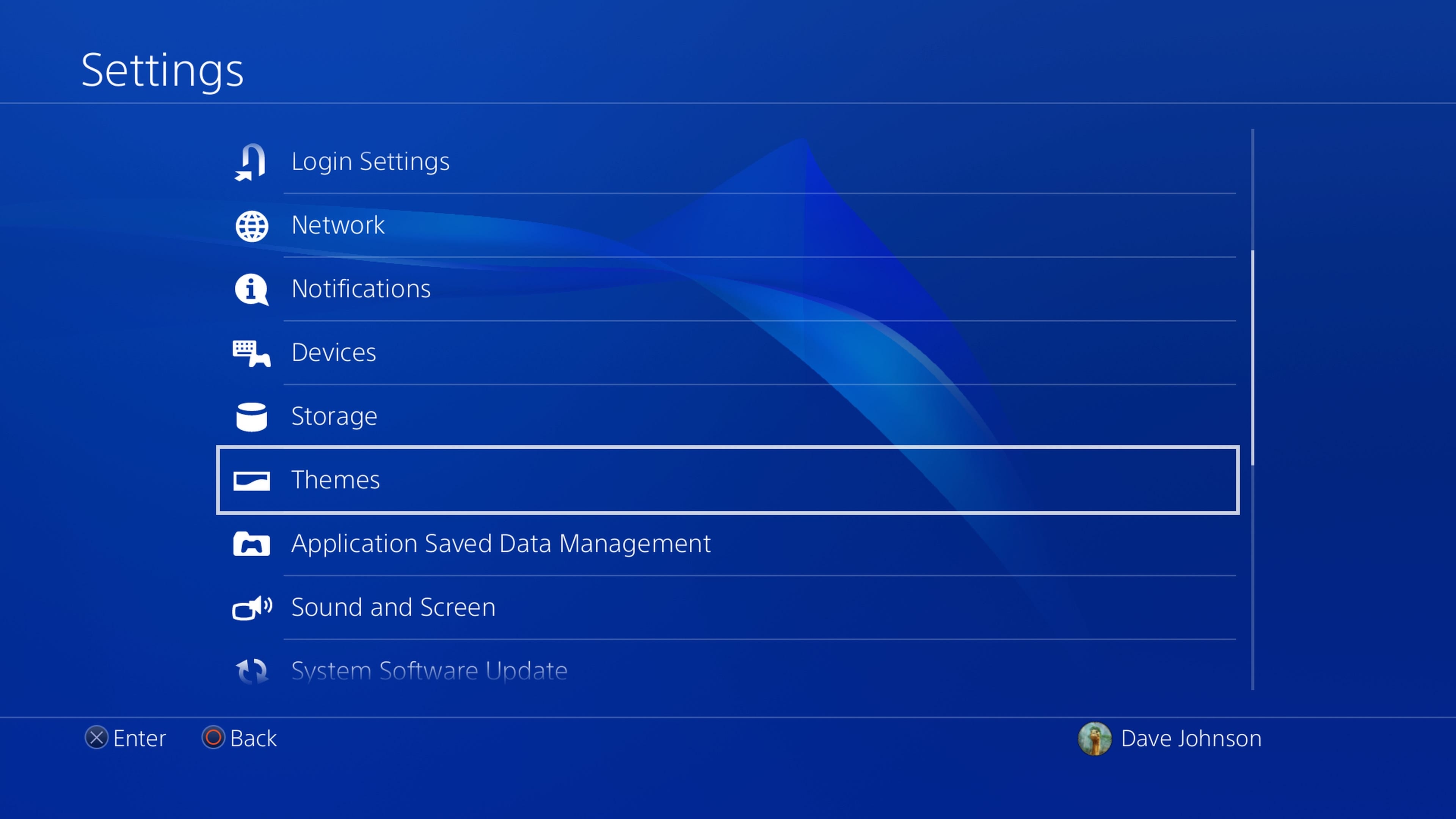 Screenshot dell'opzione Temi su PS4