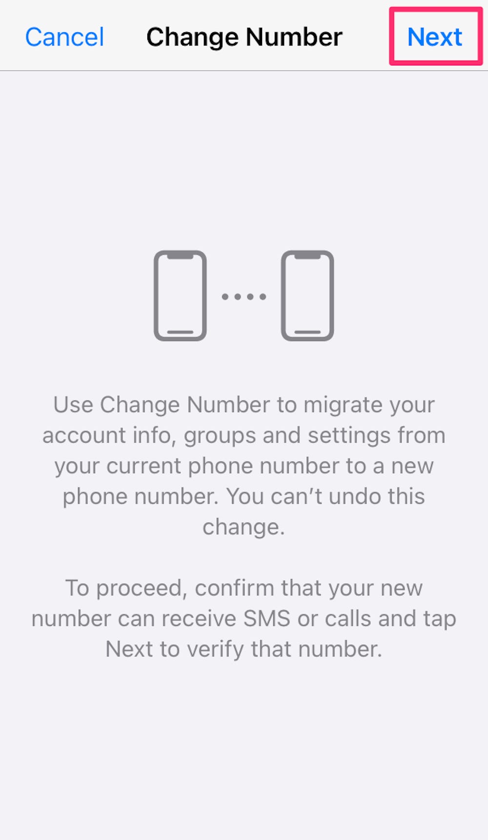 Screenshot della schermata che appare dopo aver selezionato l'opzione di modifica del numero in WhatsApp