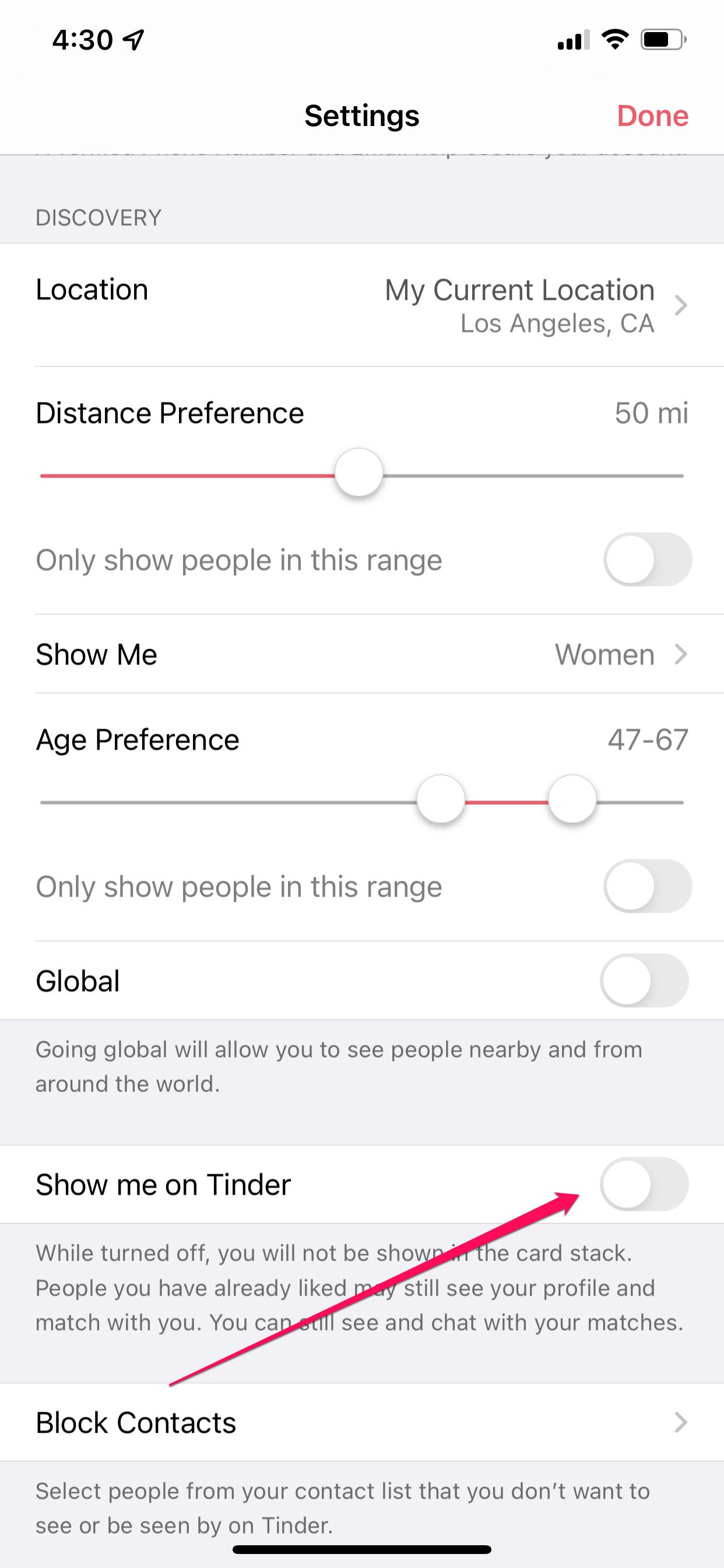 Impostazioni dell'app Tinder in iOS.