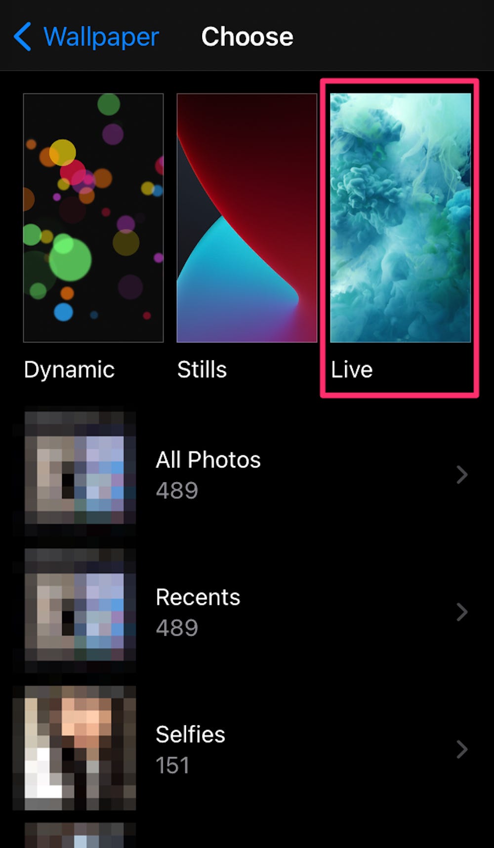 Screenshot che mostra un modo per scegliere una foto live da utilizzare come sfondo