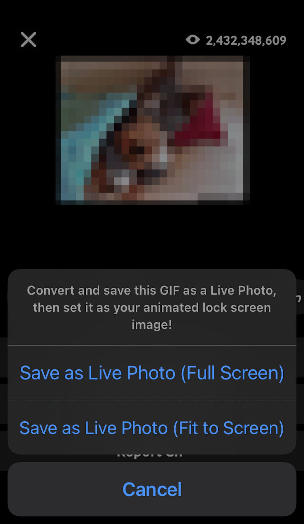Screenshot delle opzioni che appaiono quando salvi una GIF su GIPHY come foto live