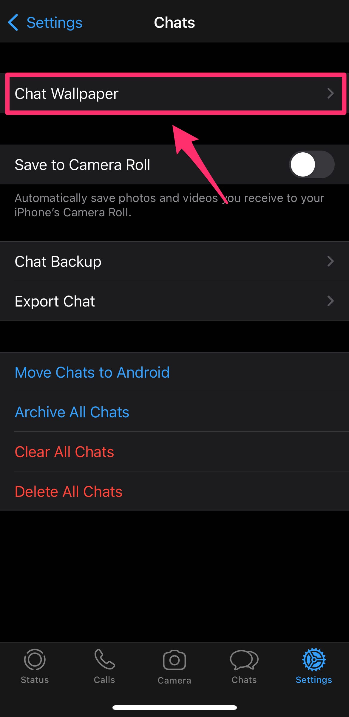 Screenshot della sezione Impostazioni chat di WhatsApp con lo sfondo della chat evidenziato