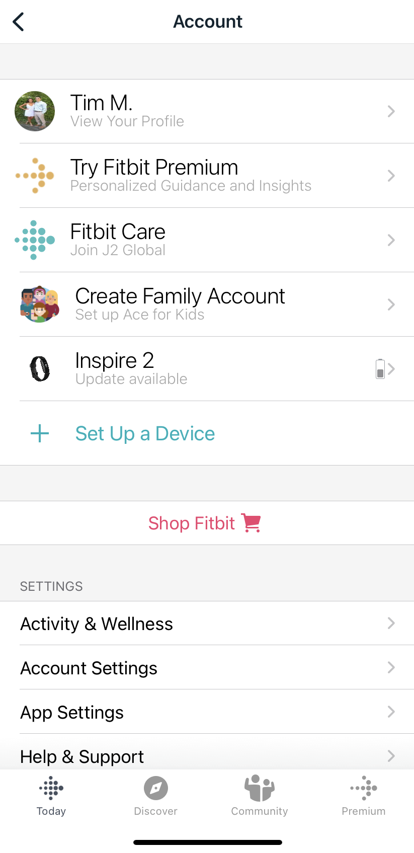 Come appare una pagina dell'account nell'app Fitbit.