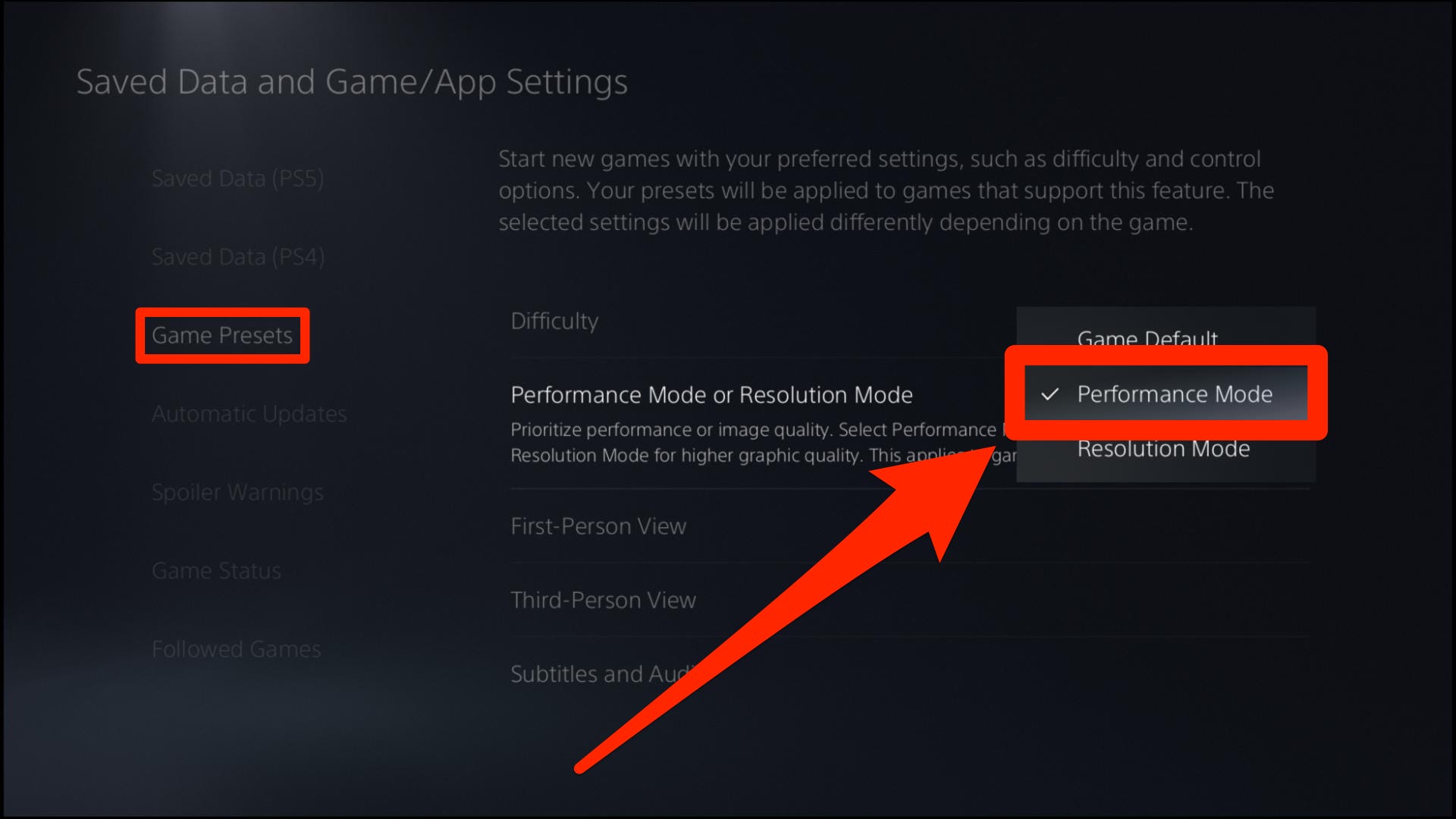 Il menu su una PS5 che ti consente di dare la priorità ai frame rate rispetto alla risoluzione.