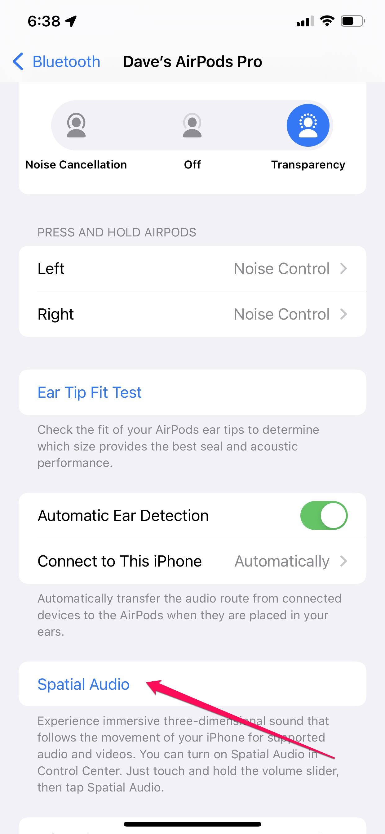 Impostazioni AirPods Pro in iOS.