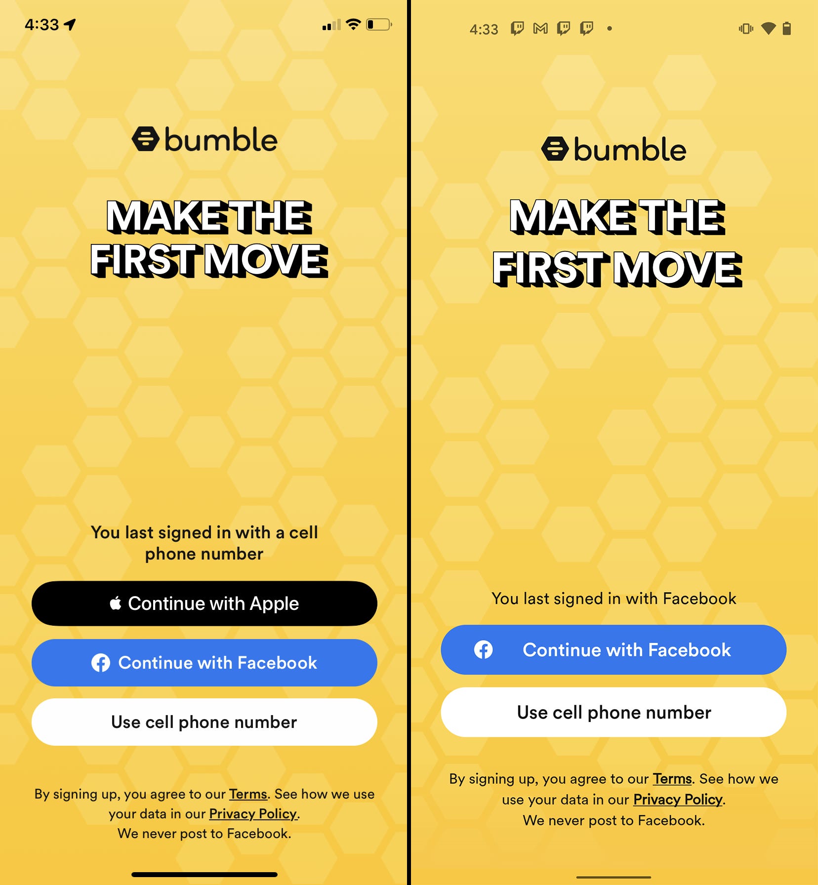Le pagine di login di iPhone (sinistra) e Android (destra) per Bumble.