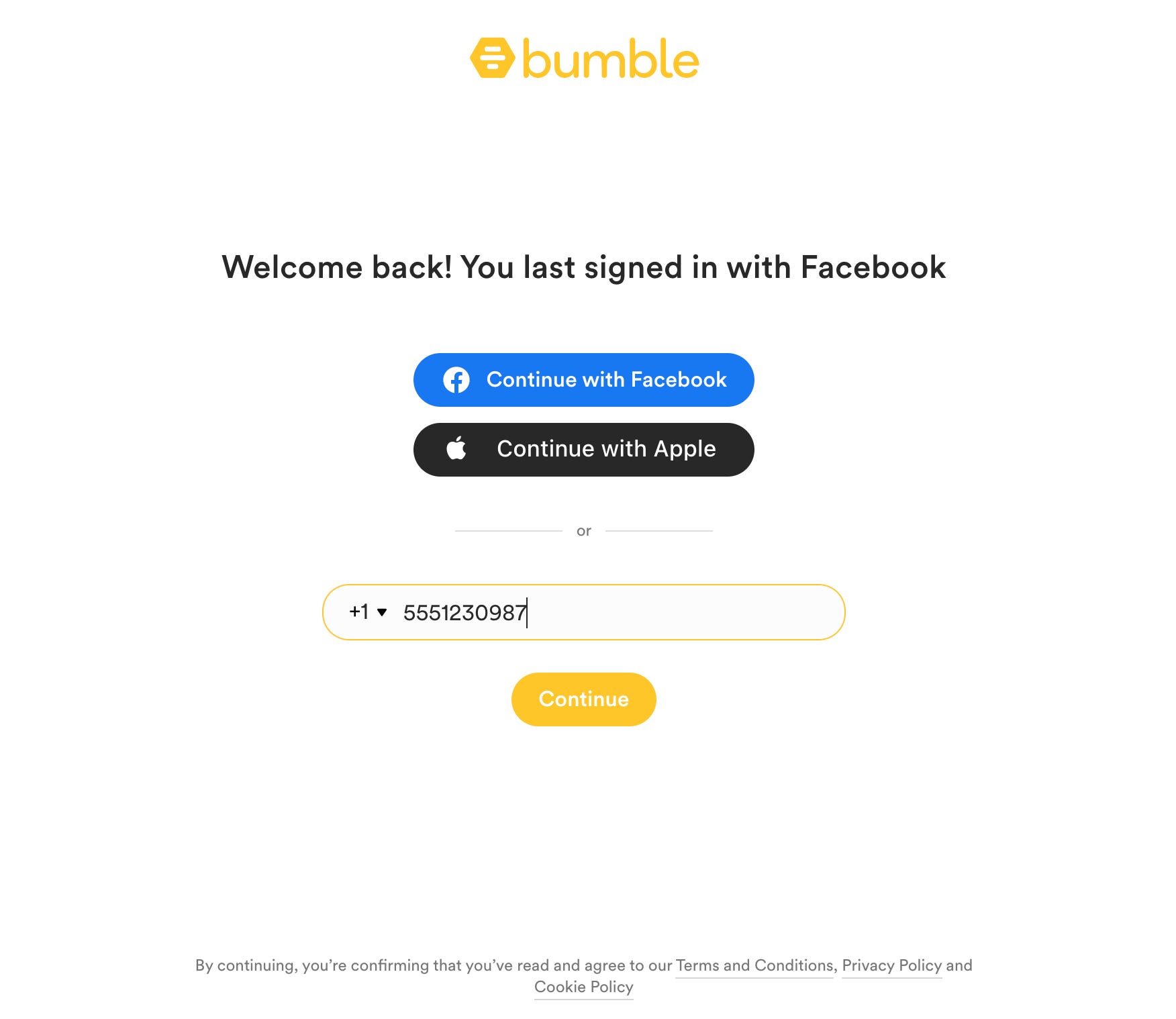 La pagina di accesso sul sito Web di Bumble.
