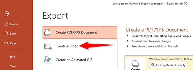 Fare clic su "Crea un video" nella pagina "Esporta" in PowerPoint.