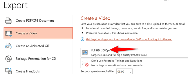Fare clic su "Full HD" nella pagina "Crea un video" in PowerPoint.