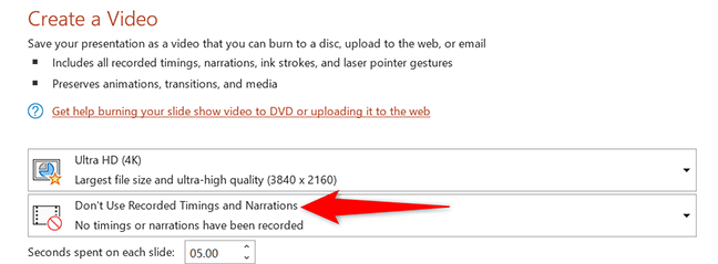 Fare clic su "Non utilizzare tempi e narrazioni registrati" nella pagina "Crea un video" in PowerPoint.