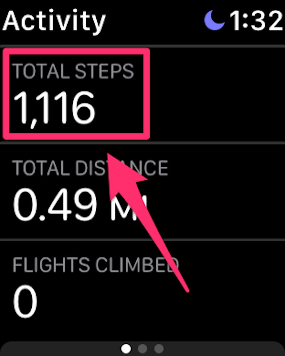 Screenshot di Apple Watch che evidenzia i passi totali nell'app Fitness