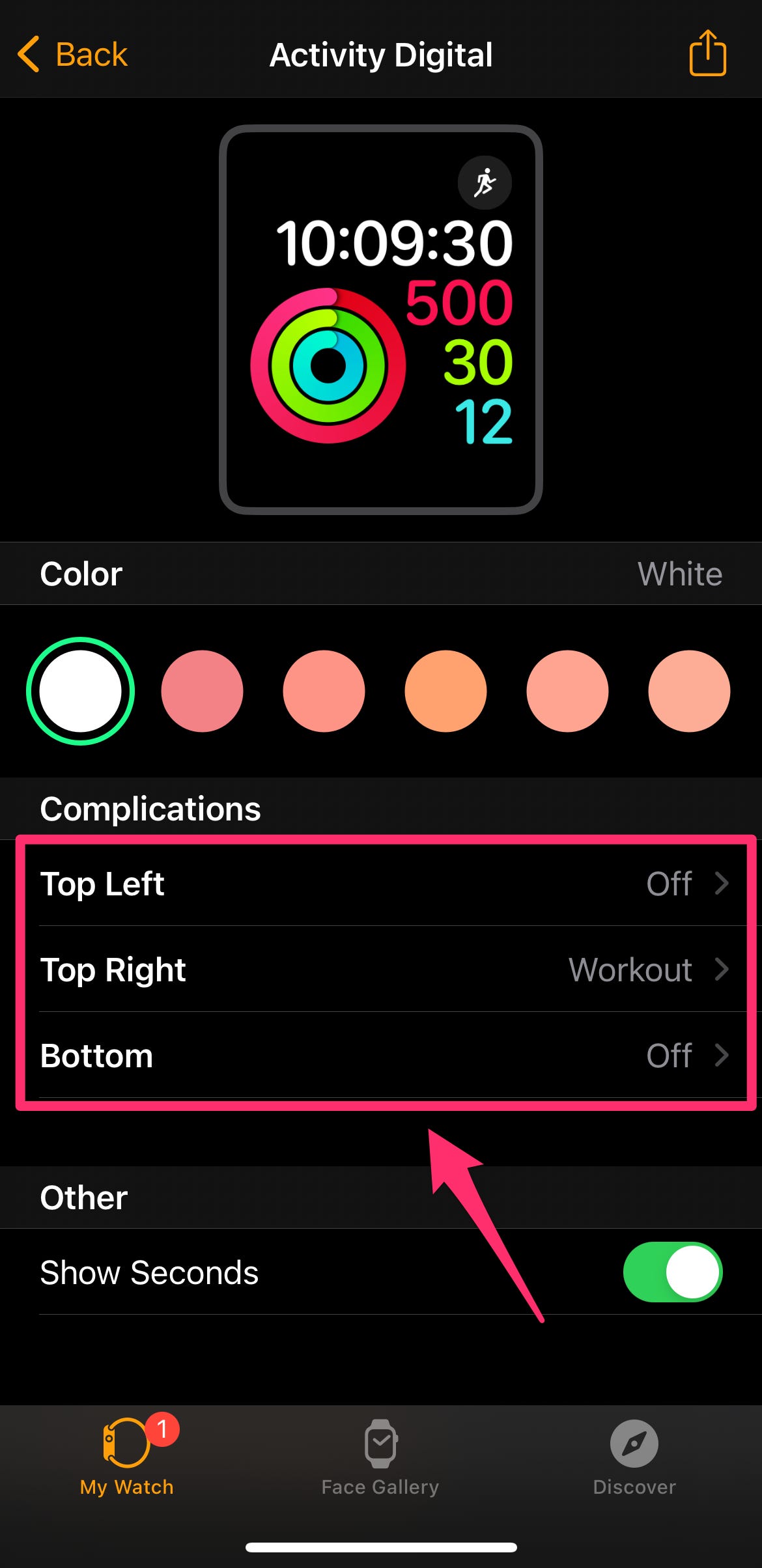 Screenshot dell'iPhone che evidenzia le complicazioni sulla faccia delle attività