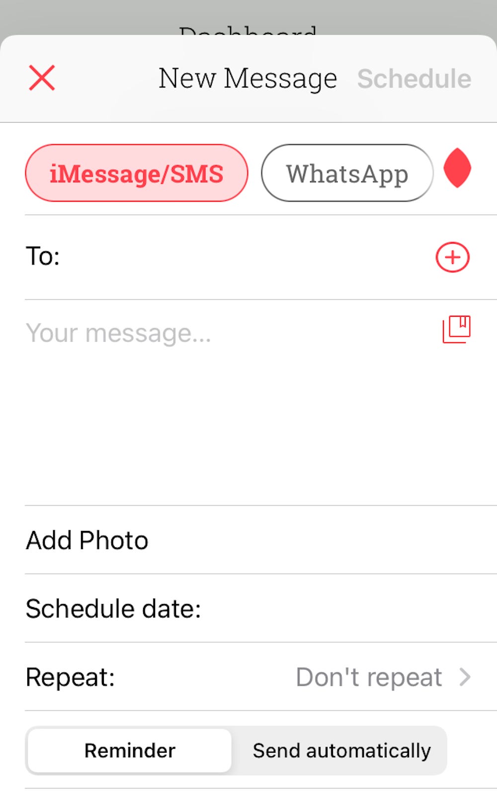 Screenshot di un messaggio pianificato vuoto nell'app Pianificata