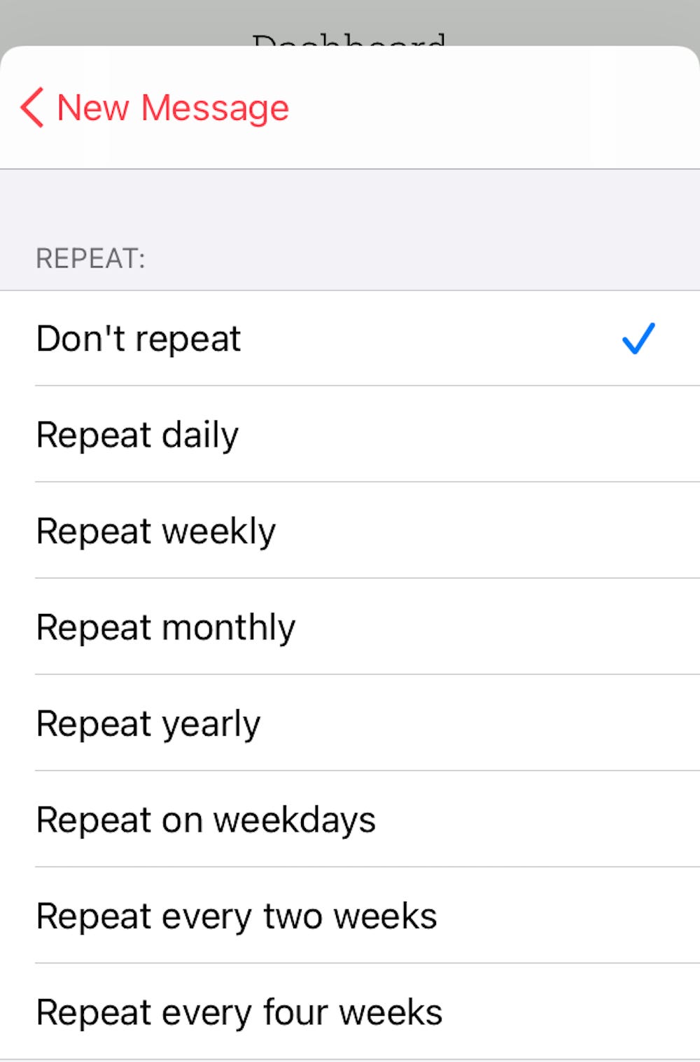 Screenshot delle opzioni di ripetizione nell'app Pianificata