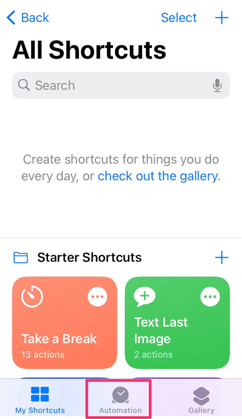 Screenshot della schermata principale nell'app Shortcuts