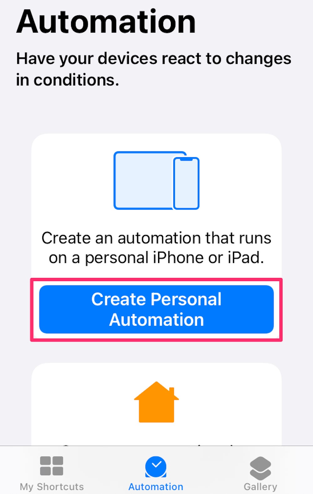 Screenshot della sezione automazioni dell'app Scorciatoie