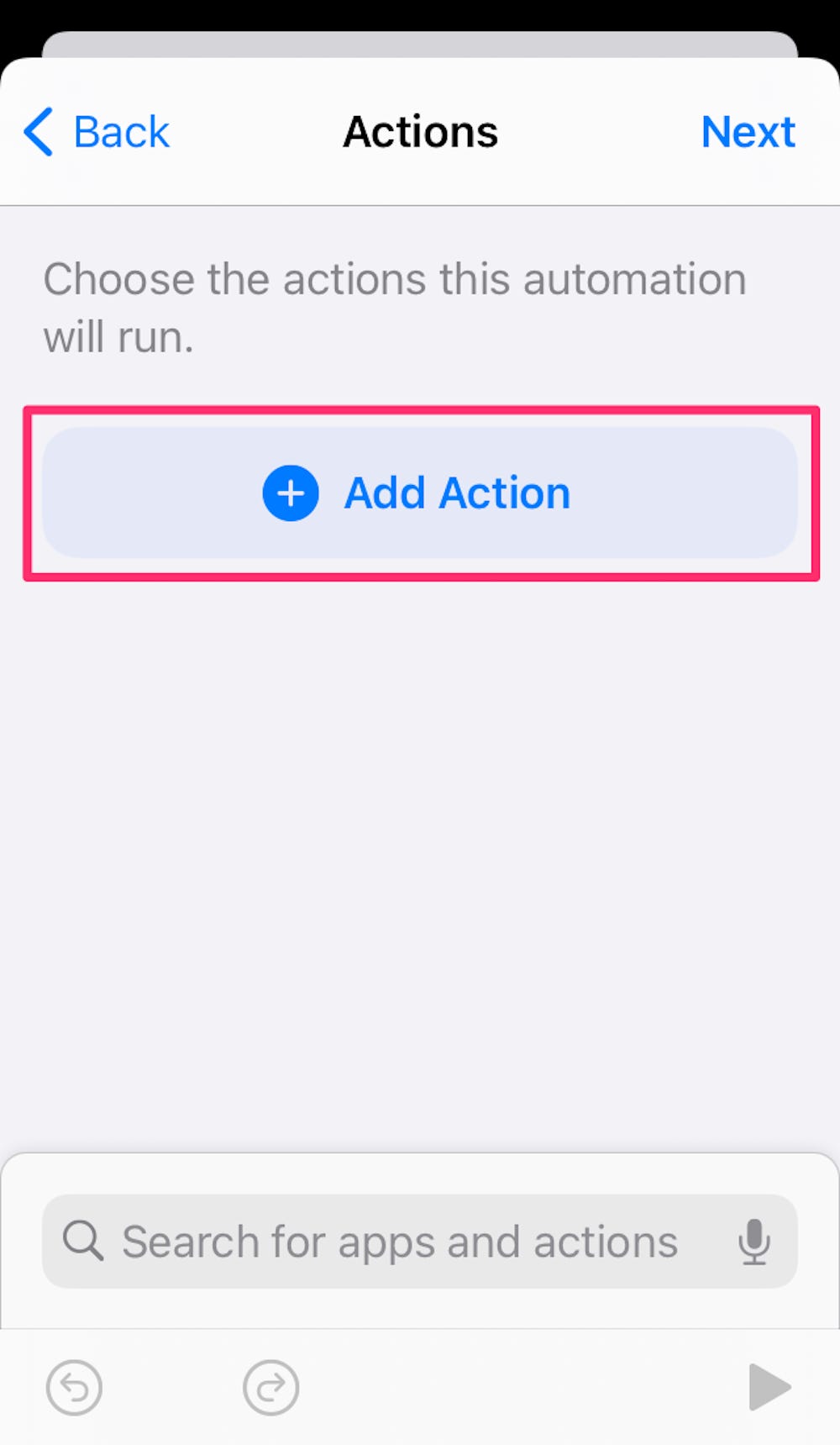 Screenshot che evidenzia il pulsante Aggiungi azione nell'app Scorciatoie