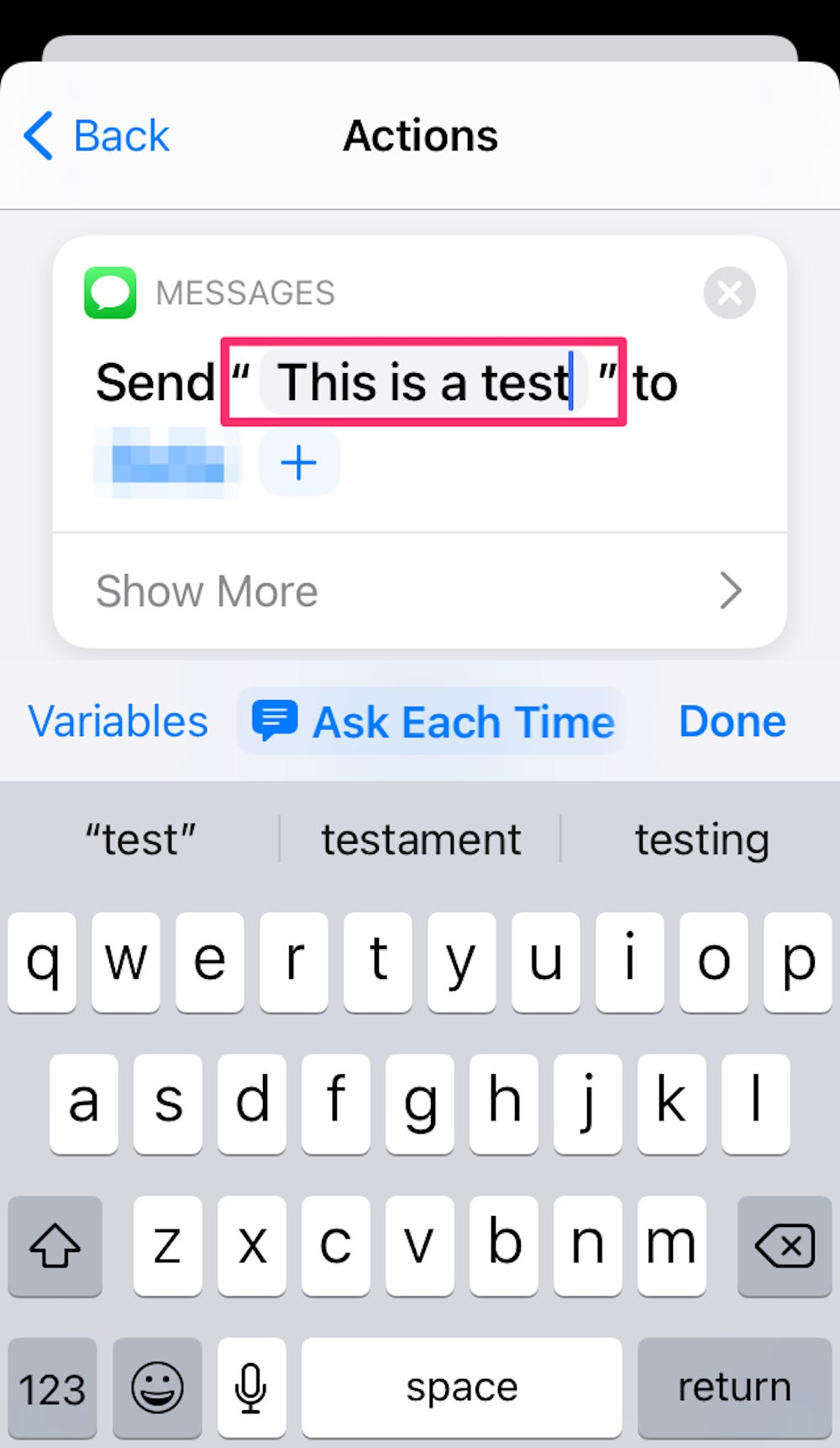 Screenshot che evidenzia dove aggiungere un messaggio in una nuova azione nell'app Scorciatoie