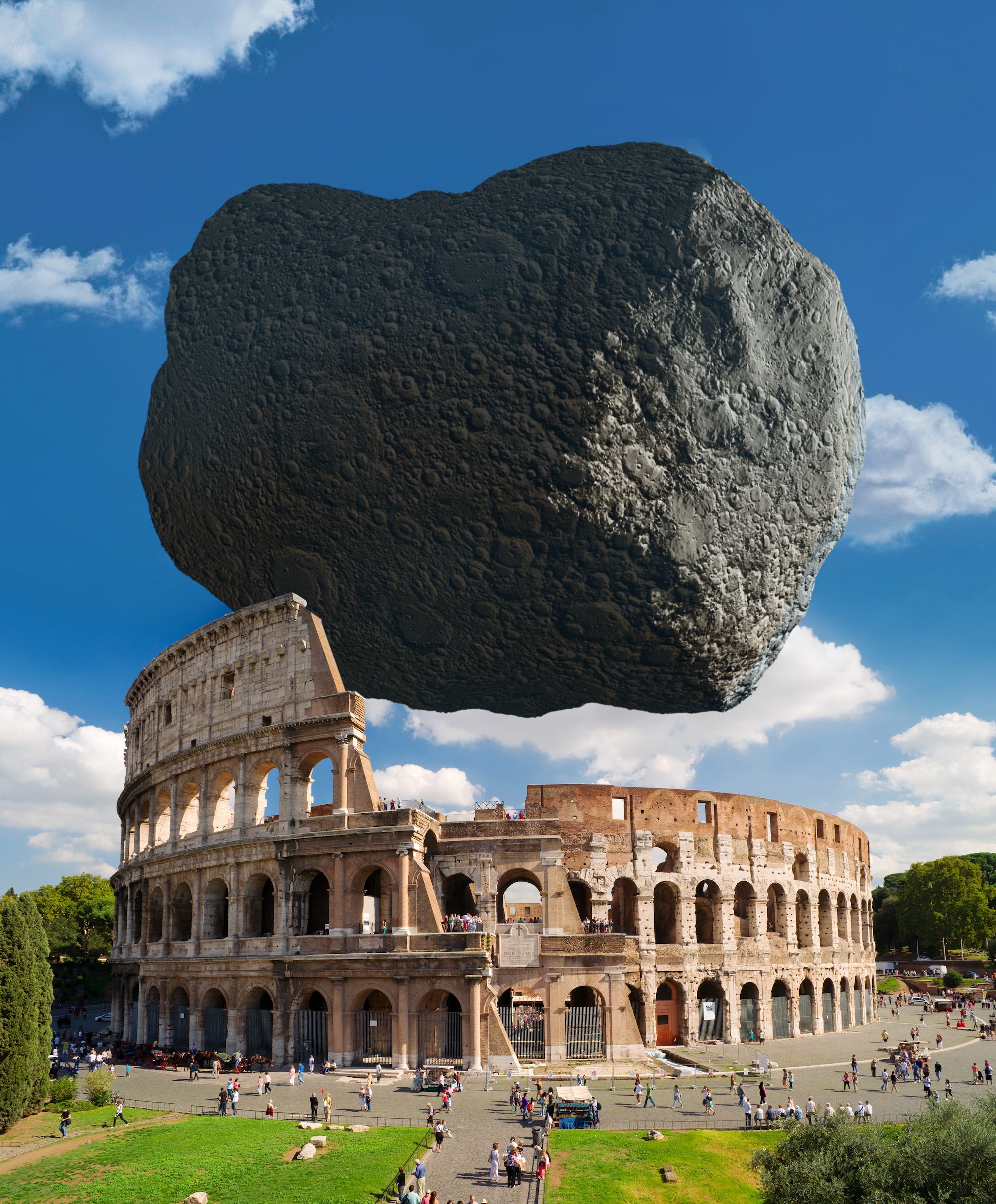 asteroide dimorphos modificato accanto al Colosseo di Roma che mostra che hanno le stesse dimensioni