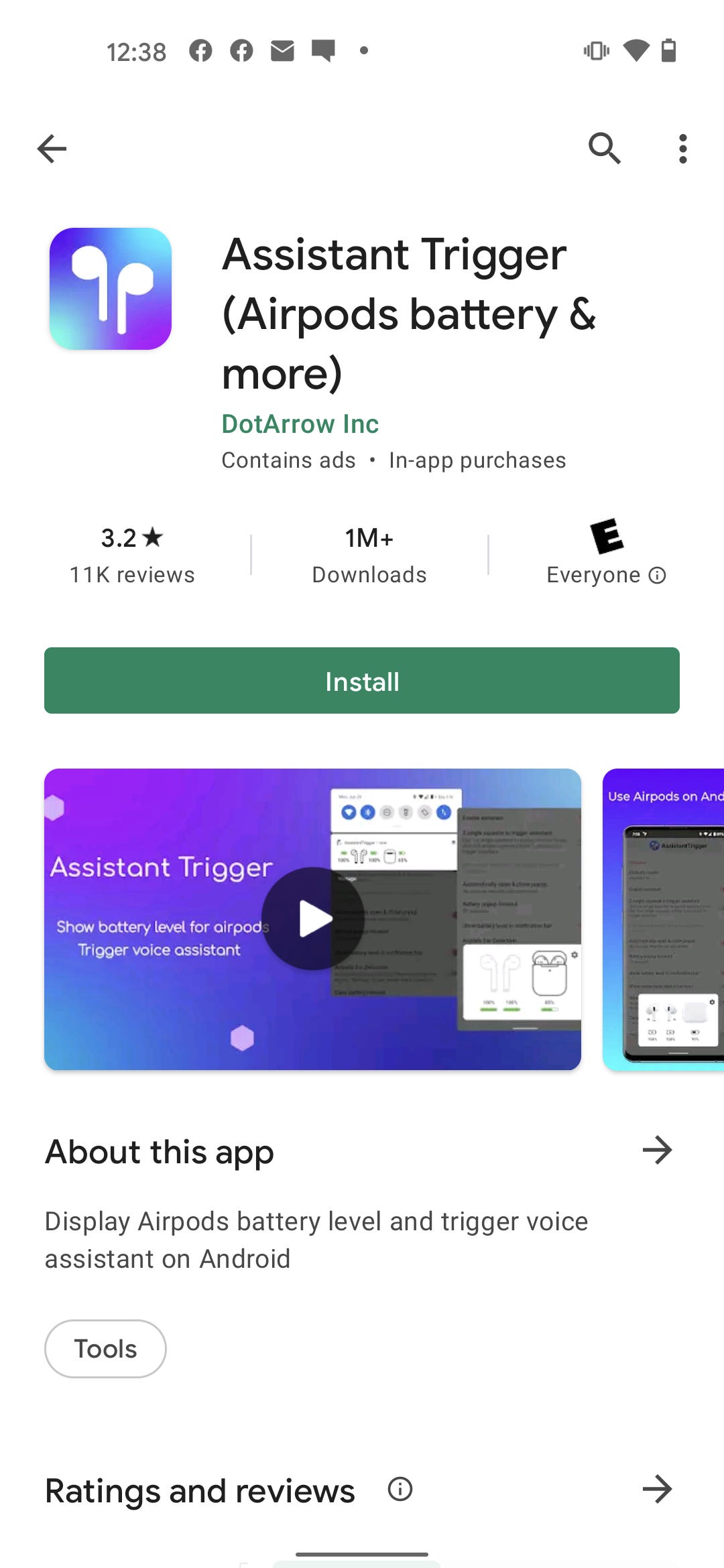 La pagina delle informazioni per l'app Assistant Trigger nel Google Play Store.