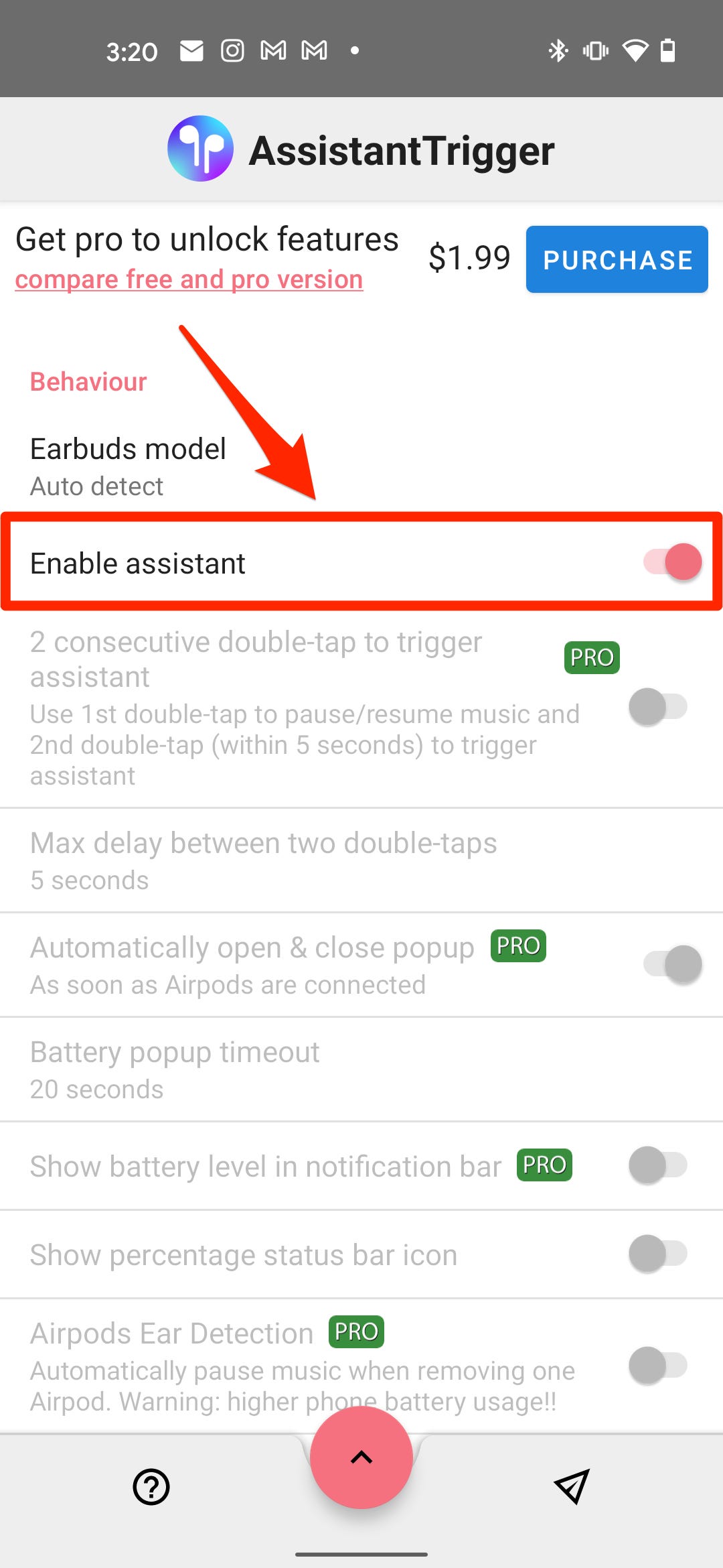 Il menu nell'app Assistant Trigger che ti consente di abilitare l'accesso all'Assistente Google.