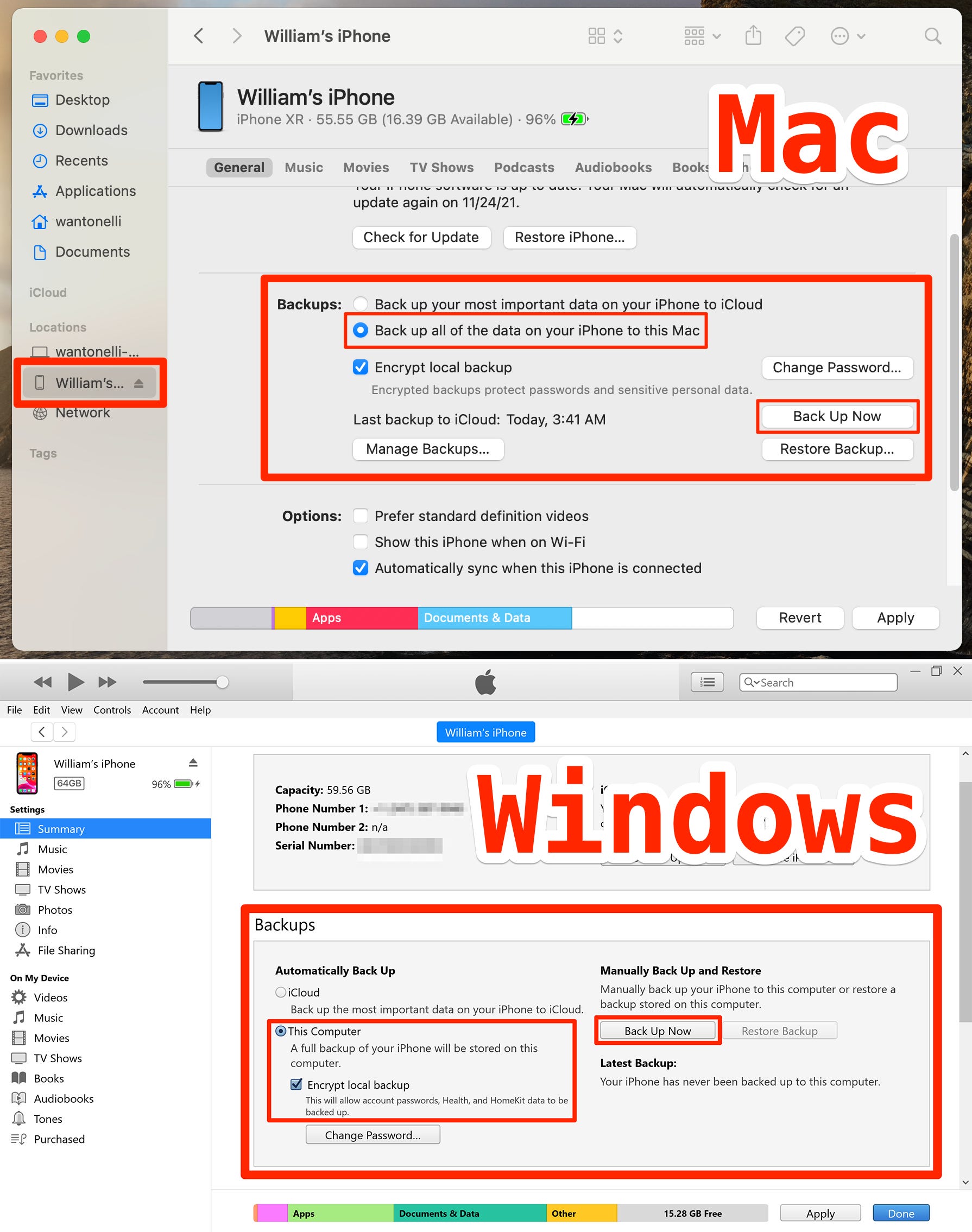 Il menu che ti consente di eseguire il backup di un iPhone sul tuo Mac (in alto) o PC (in basso).