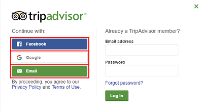 Scegli come vuoi unirti a TripAdvisor, da Google, Facebook o tramite e-mail