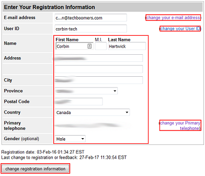 Modulo informazioni registrazione account