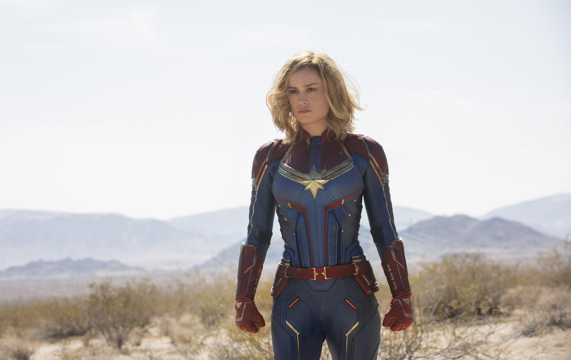 Carol (Brie Larson) in piedi in un campo, indossa la sua tuta rossa e blu di Captain Marvel, con una distinta stella d'oro sul petto.