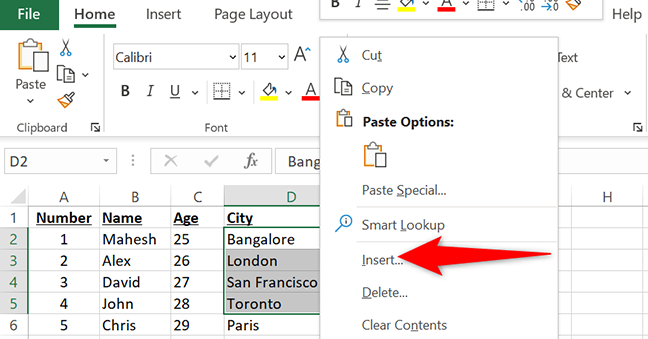Fare clic con il pulsante destro del mouse su una riga selezionata e scegliere "Inserisci" dal menu in Excel.
