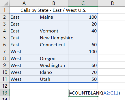 Formula COUNTBLANK in Excel