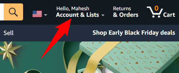 Passa il mouse sopra l'opzione "Account ed elenchi" su Amazon.
