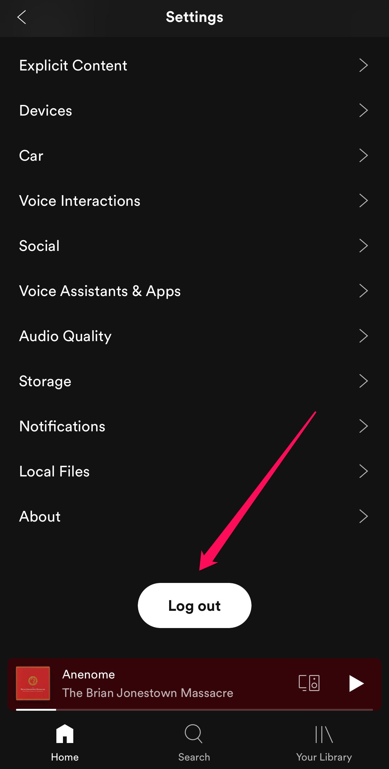 Pagina delle impostazioni nell'app Spotify per iOS