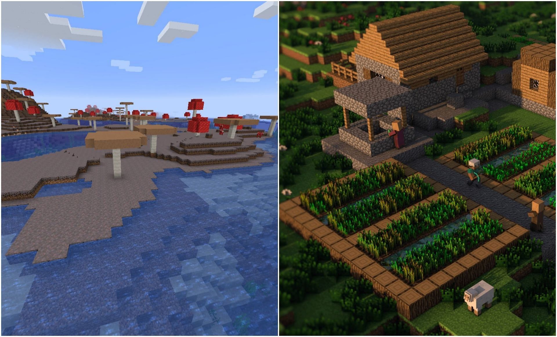 Un doppio villaggio e un bioma di funghi possono essere trovati in questo seme (Immagine tramite Minecraft)