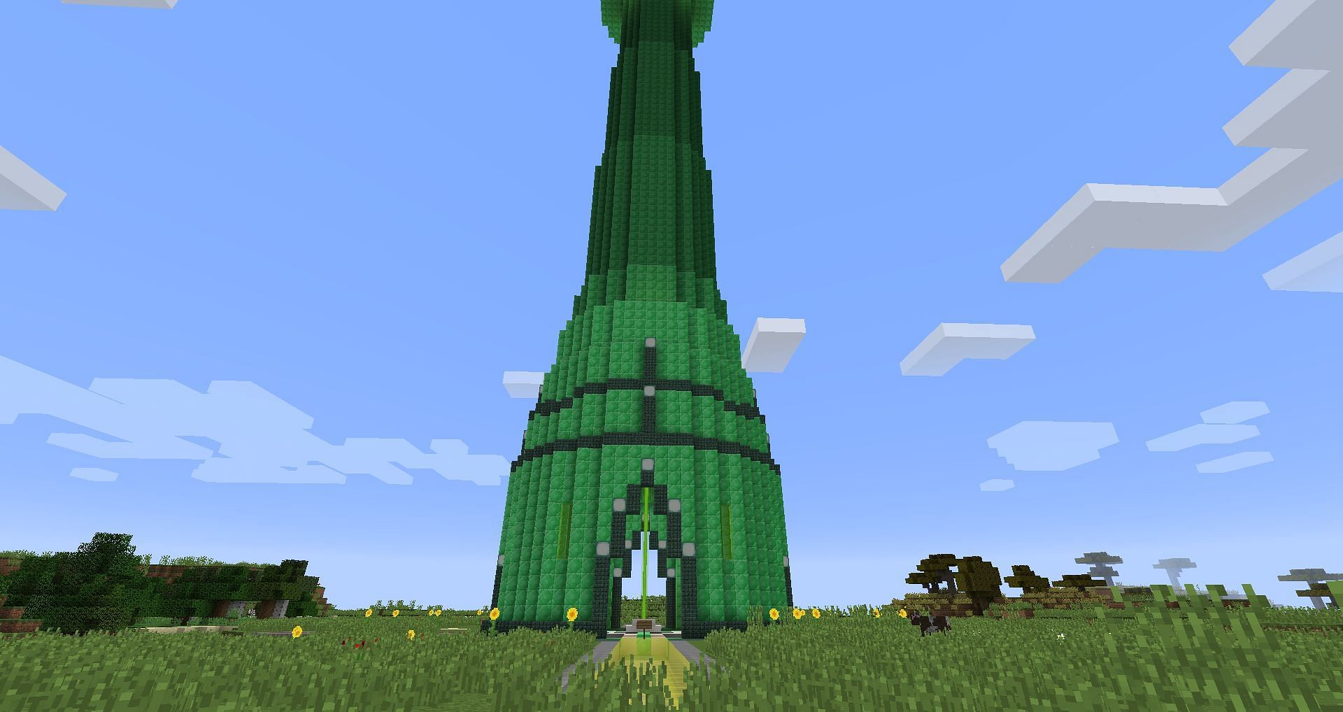 Un'enorme torre color smeraldo segna il punto di spawn di un mondo (Immagine via Mojang)