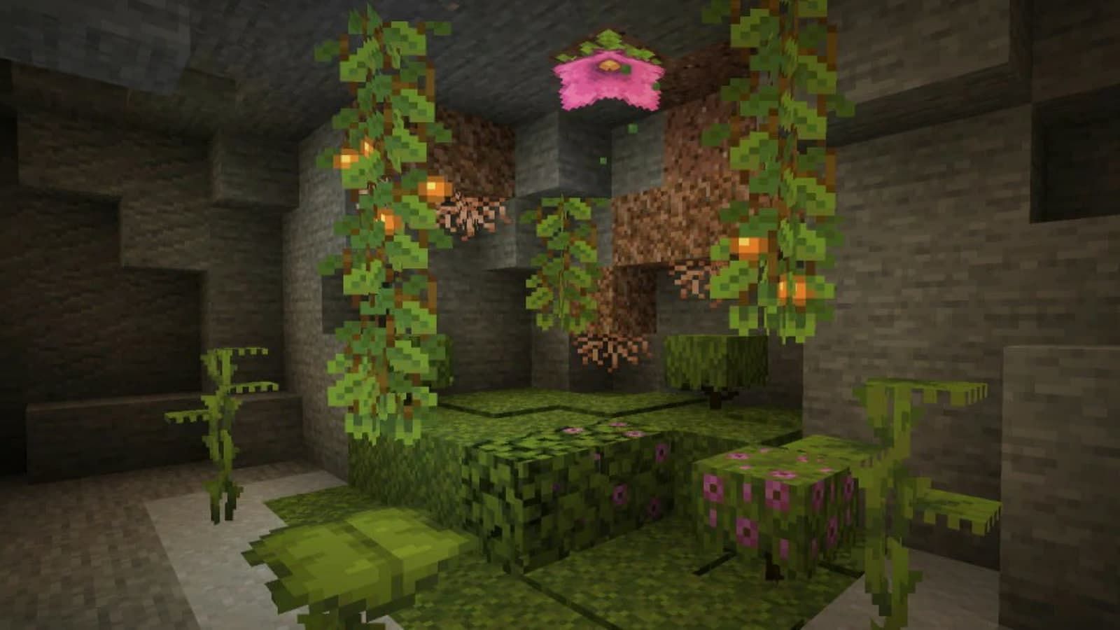 Piccole foglie a goccia sono comunemente visibili nelle grotte lussureggianti (Immagine tramite Minecraft)