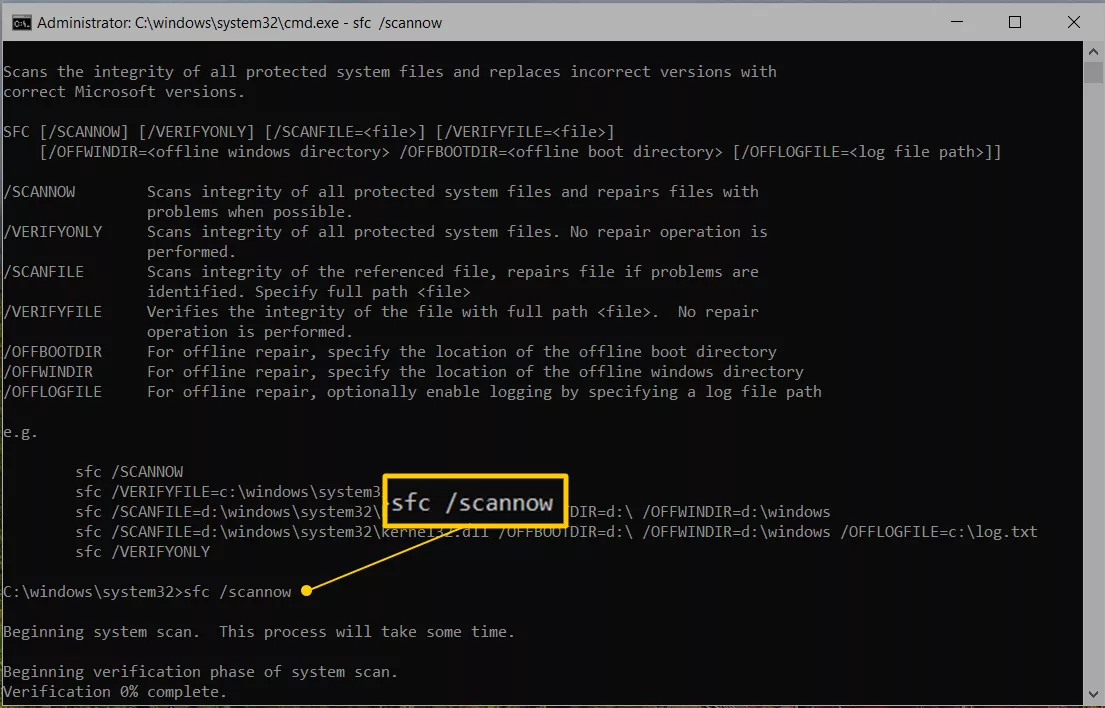 Windows 10 command prompt showing "sfc / scannow"
